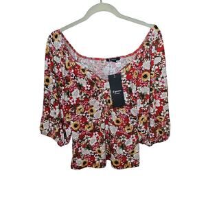 NWT Espresso Cropped Balloon Sleeve Floral Blouse Size Medium (386)